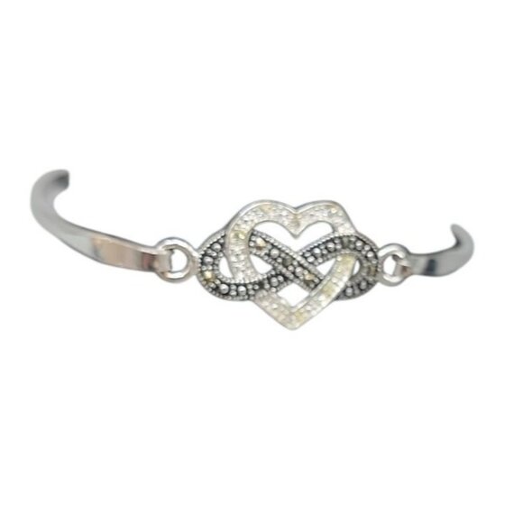 Sterling Silver Cubic Zirconia & Marcasite Heart Infinity Bracelet Tension Hook - Picture 13 of 15